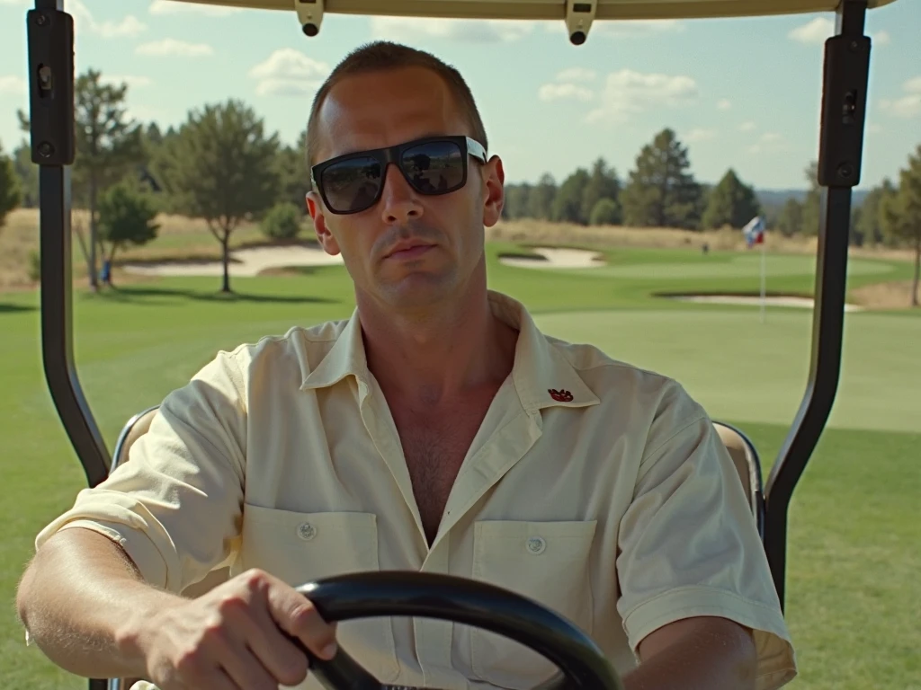 Man wearing sunglasses and a light-colored shirt driving a golf cart on a golf course, possibly a scene from Happy Gilmore 2.