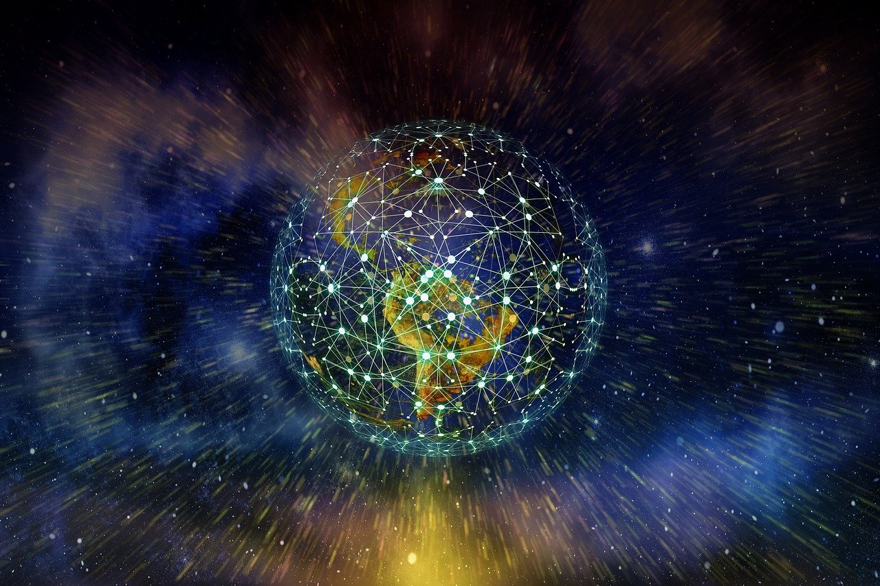  Digital illustration of Earth surrounded by a glowing network of interconnected nodes, symbolizing global communication and data flow; represents the concept of "Connections Hint Mashable".