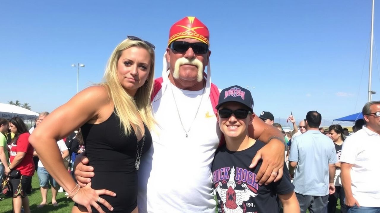 A man dressed as Hulk Hogan poses with two fans at an outdoor event. He wears a red and yellow bandana, sunglasses, and a white T-shirt, with his signature handlebar mustache. The fan on the left is a blonde woman in a black outfit, and the fan on the right wears a Hulk Hogan-themed shirt and hat. A crowd of people can be seen in the background under a sunny blue sky.