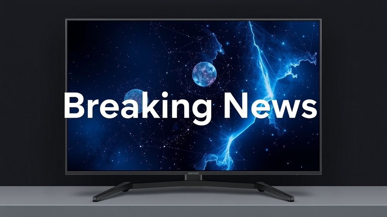 A television screen displays a "Breaking News" alert with a digital space-themed background showing Earth and network connections, indicating a possible Starlink outage or satellite communication disruption.