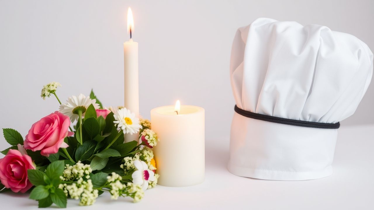 A memorial tribute featuring two lit candles, a bouquet of flowers with roses and daisies, and a white chef’s hat, symbolizing remembrance for celebrity chef Anne Burrell.