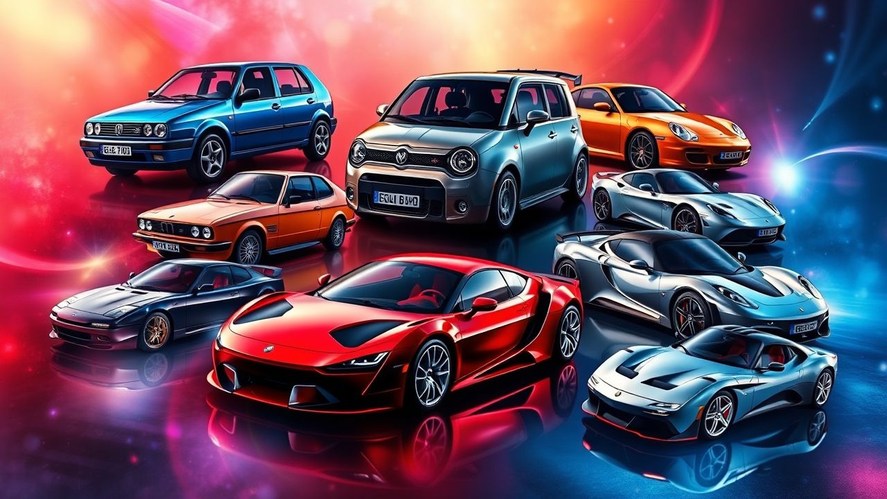 A vibrant digital collage showcasing various iconic car designs with a focus on Giorgetto Giugiaro's automotive influence. The image features a mix of classic and modern vehicles, including compact city cars, vintage coupes, and sleek supercars, all set against a dynamic, colorful background. Notable models inspired by or reminiscent of Giorgetto Giugiaro’s design philosophy highlight his lasting impact on automotive aesthetic.