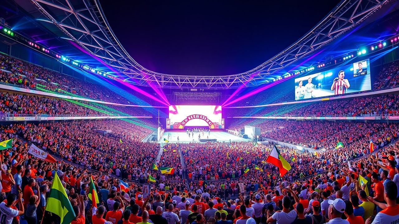 Massive crowd fills a brightly lit stadium with colorful lights and flags waving, as fans gather for La Velada del Año 2025, showcasing a vibrant stage and electrifying atmosphere during the highly anticipated event.