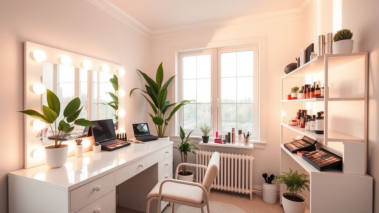 Mikayla Nogueira’s new house makeup room setup with lighting and cosmetics display