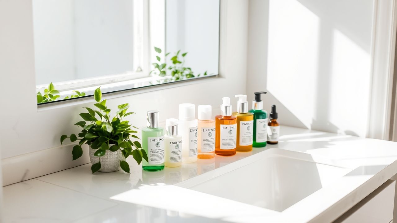 "Eminence Organics products lined up for a clean skin care routine"