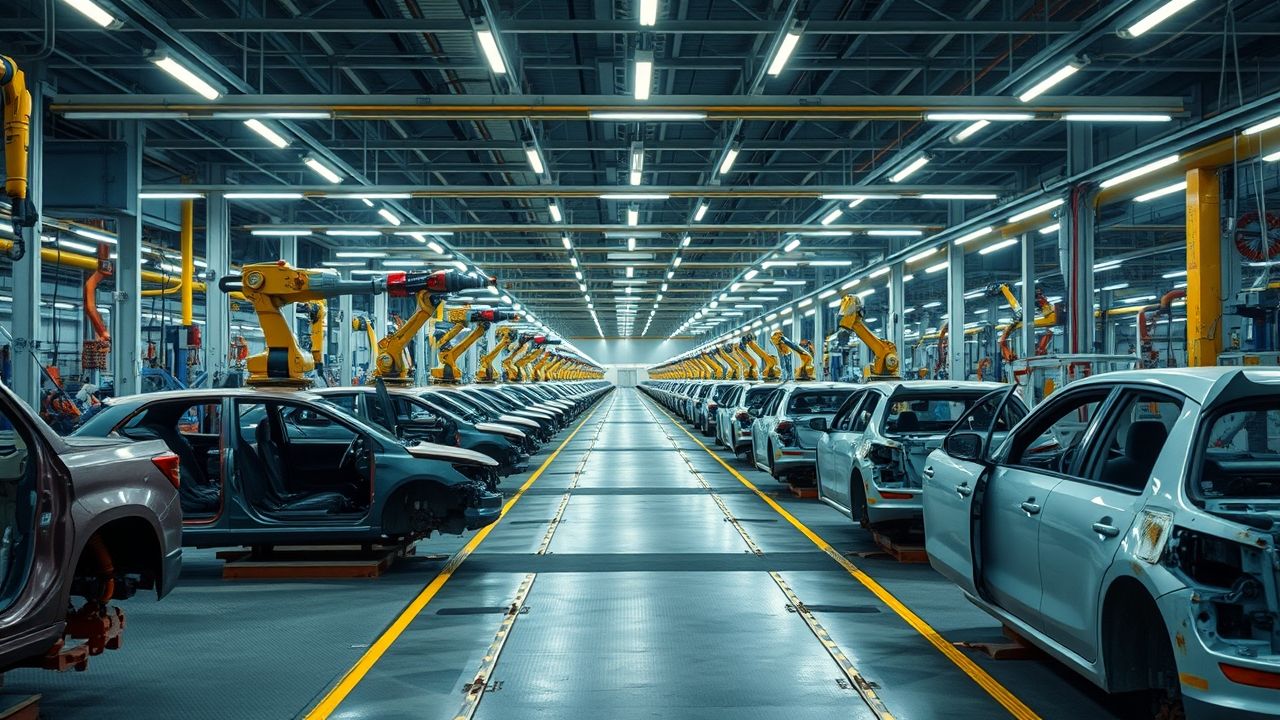 Brazilian auto factory assembly line showing reduced activity, symbolizing industry slowdown. montadoras avisam Lula