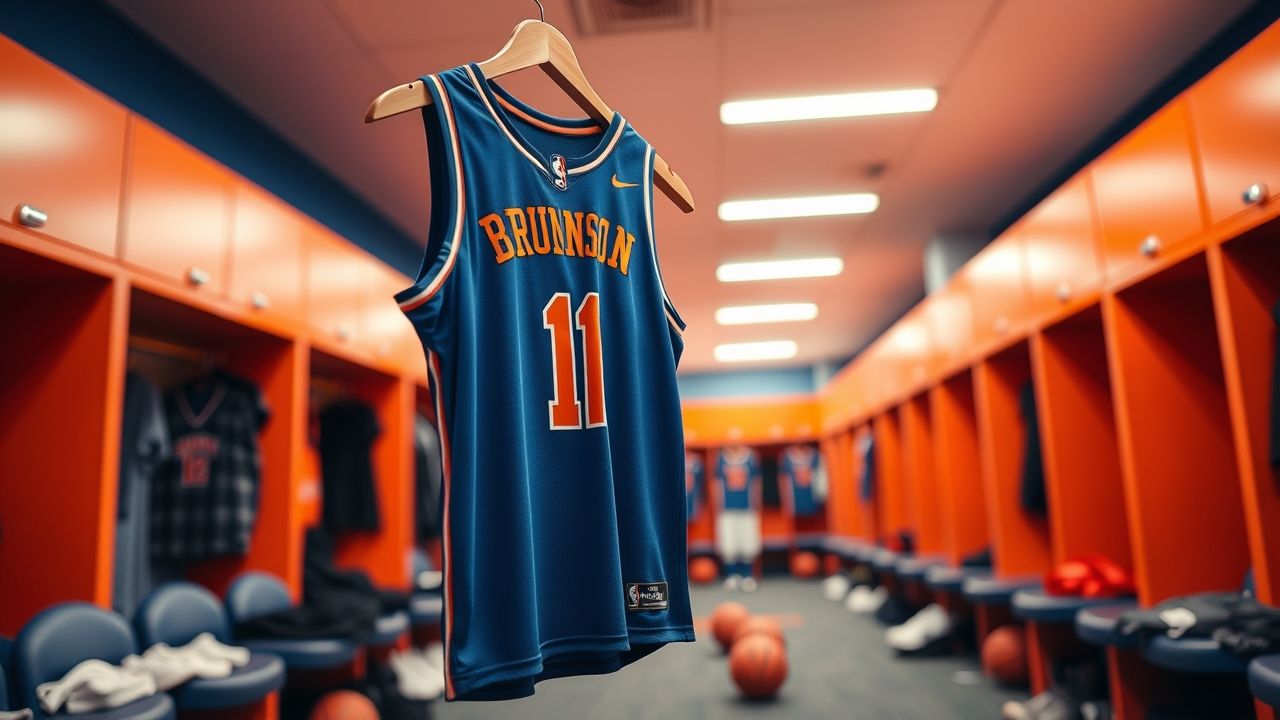Number 11 New York Knicks jersey of Jalen Brunson hanging in locker room