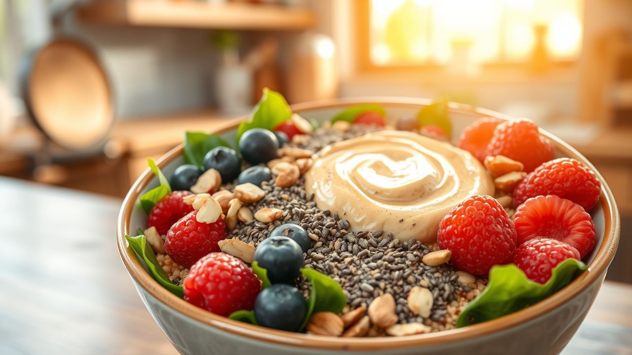 A protein-packed vegan breakfast bowl with chia, nuts, berries, and almond butter.