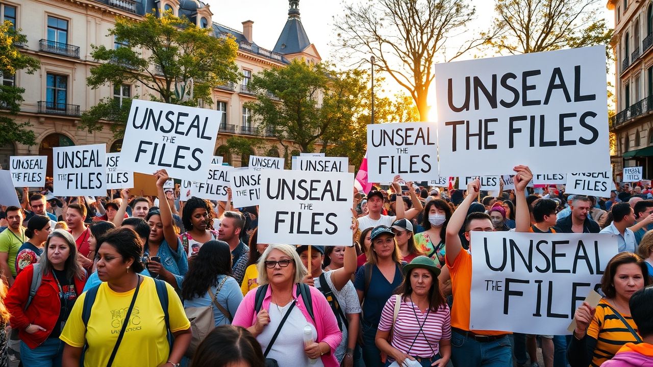 A large crowd of protesters holds signs reading "UNSEAL THE FILES" during a demonstration demanding the release of the Epstein files grand jury records. The protest takes place in a city square with historic buildings in the background.