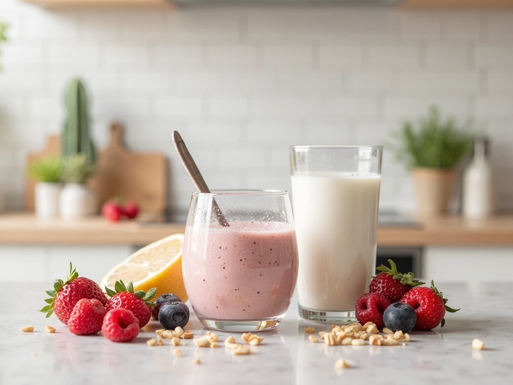 Healthy ingredients used in Alani Protein Shake laid out on counter.