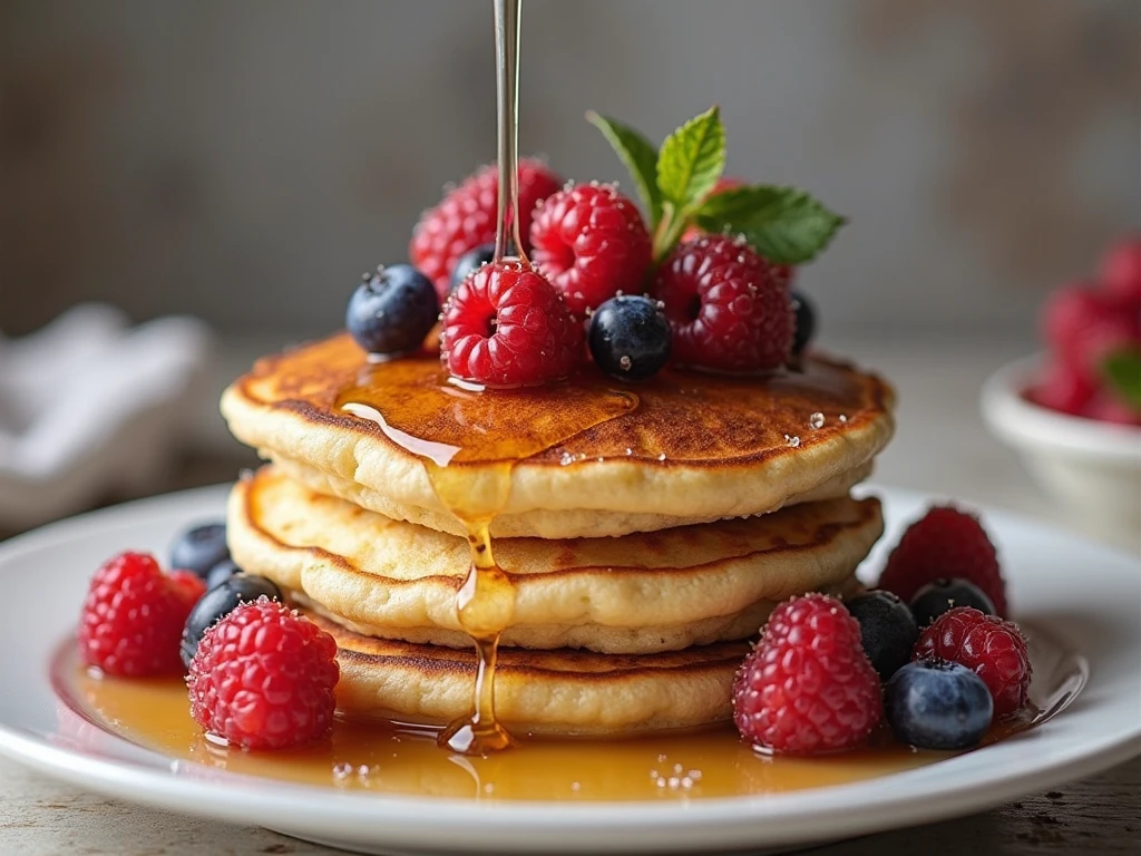 "Fluffy Kodiak pancake stack with berries and syrup"