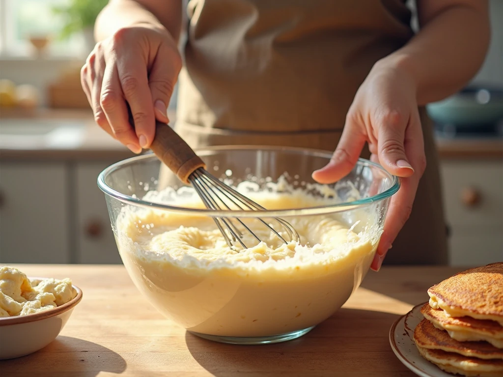 Mixing  Kodiak Pancake Mix Recipes batter with milk and eggs
