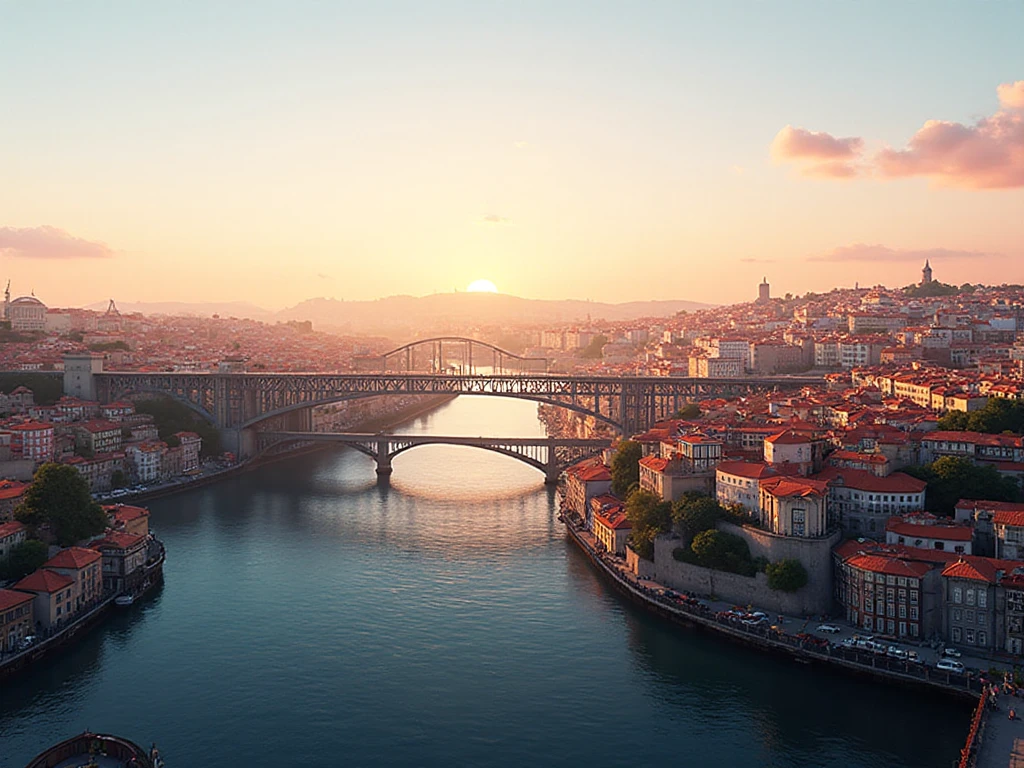Porto skyline at sunset with the Dom Luís I Bridge over the Douro River