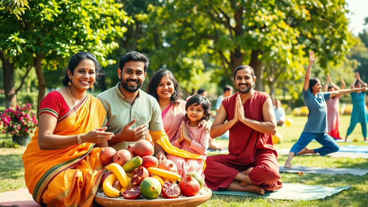 A happy Indian family enjoying a healthy lifestyle—eating fruits, doing yoga, and smiling. well health tips in hindi.