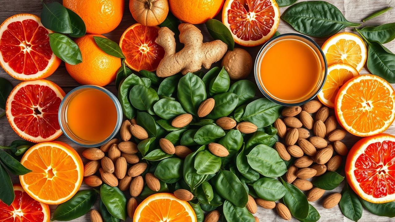  well health tips A colorful spread of immunity-boosting foods like citrus fruits, ginger tea, almonds, spinach, etc.