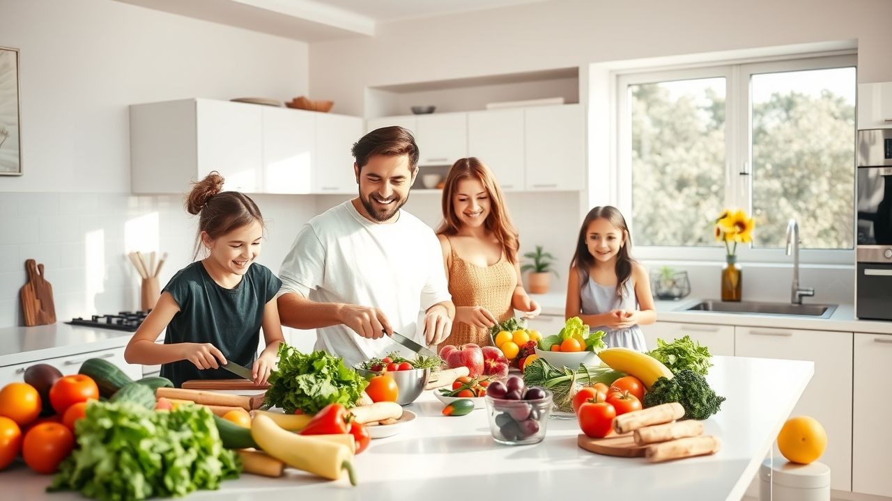 Smiling family enjoying a healthy homemade meal together, promoting balanced lifestyle choices and emotional wellness.