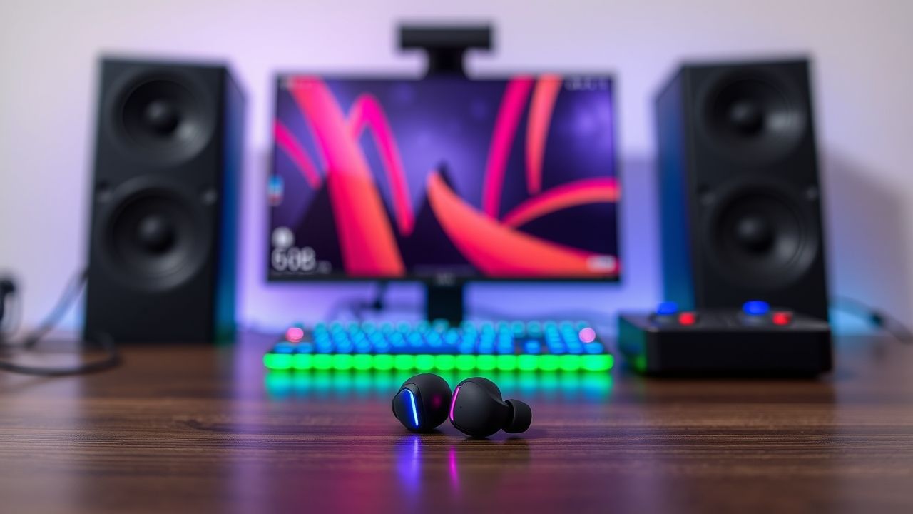 “RS 119 wireless earbuds placed on a gaming desk with RGB lights”