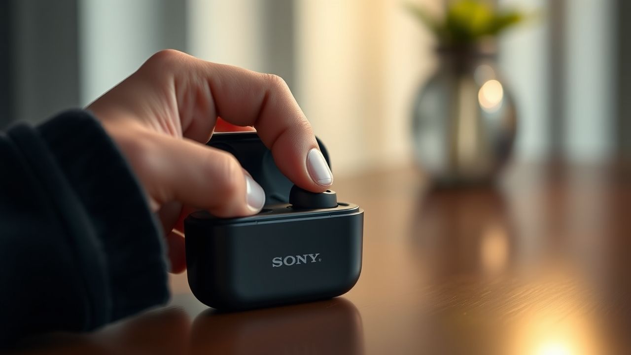 Close-up of user pressing button to enter pairing mode on Sony earbuds