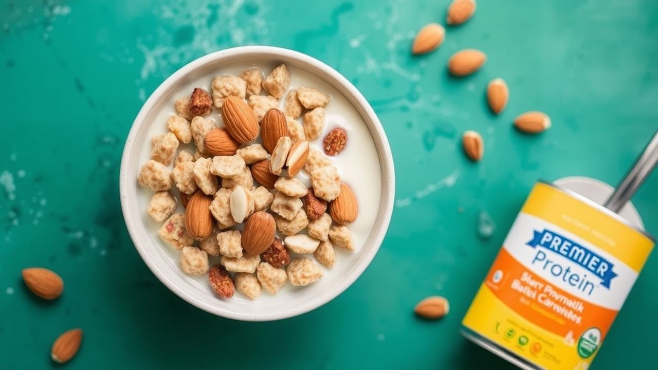 "Premier Protein Cereal served in a bowl with almond milk"