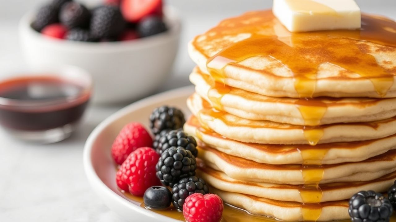 Stack of fluffy Premier Protein pancakes served with berries and syrup
