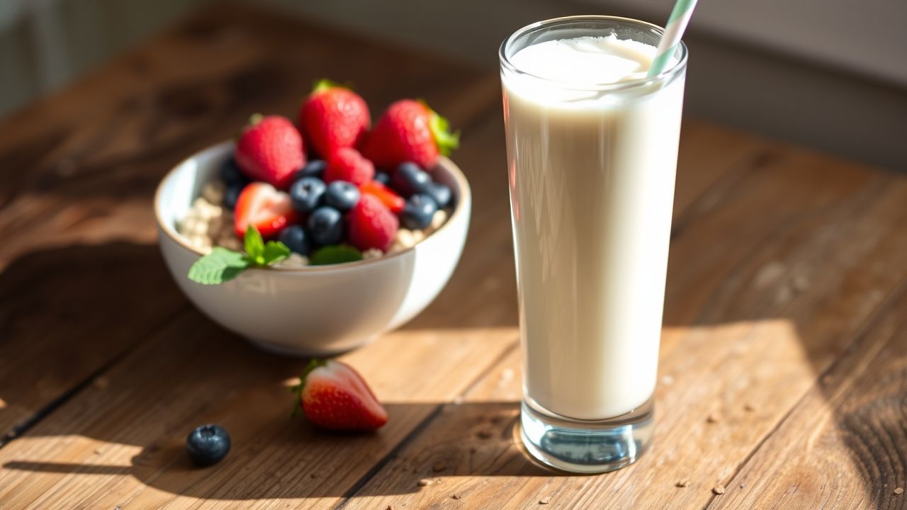 "Premier Protein Shake served with oats and berries"