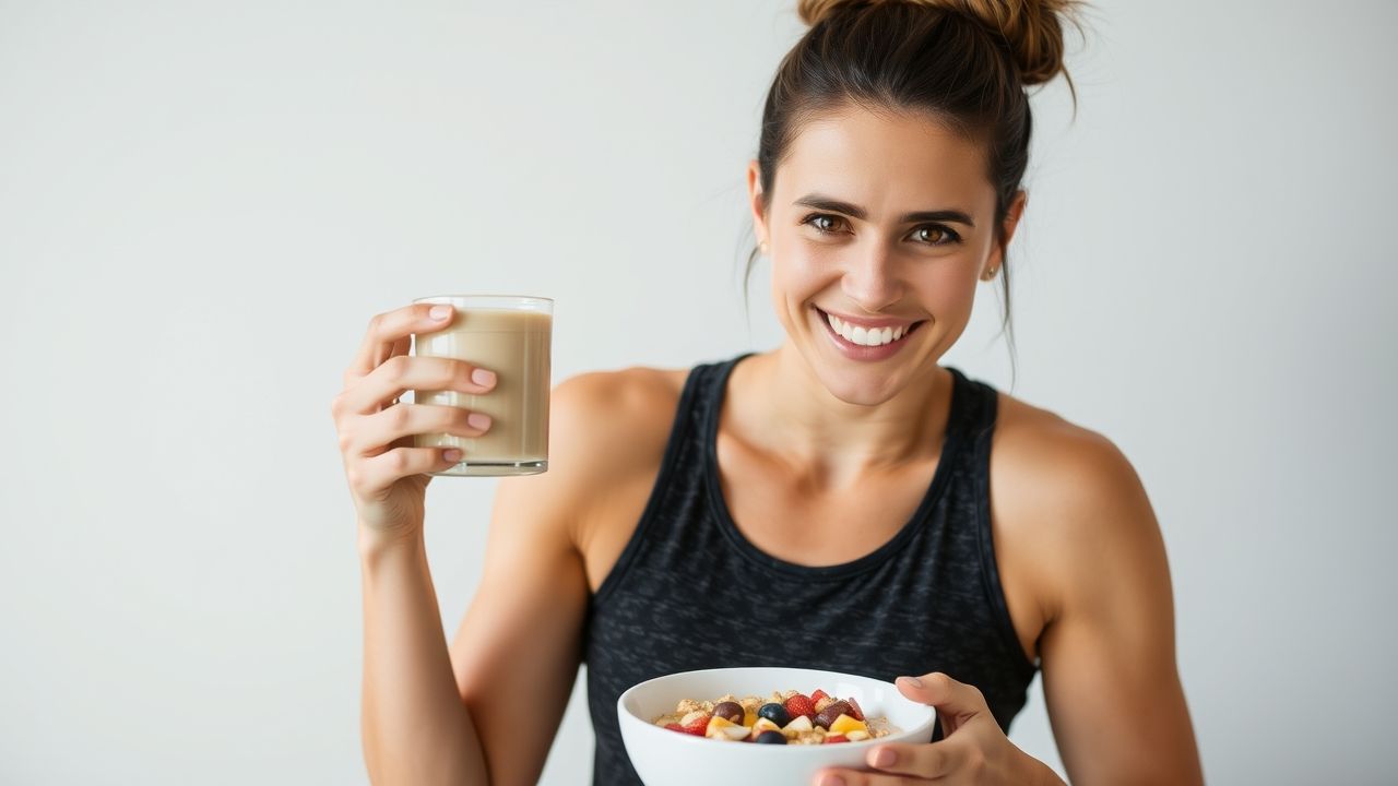 "Healthy breakfast setup with Premier Protein Cereal, fruit, and premier protein coffee"