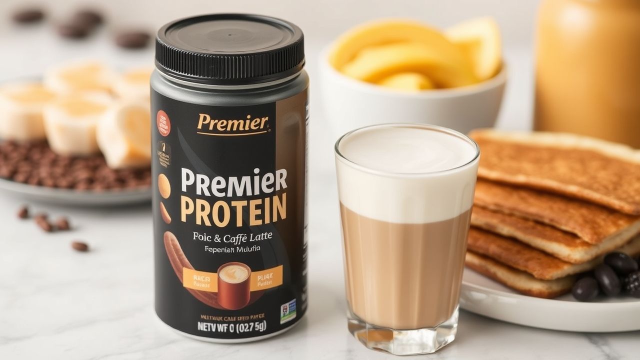 Premier Protein Café Latte next to healthy breakfast items