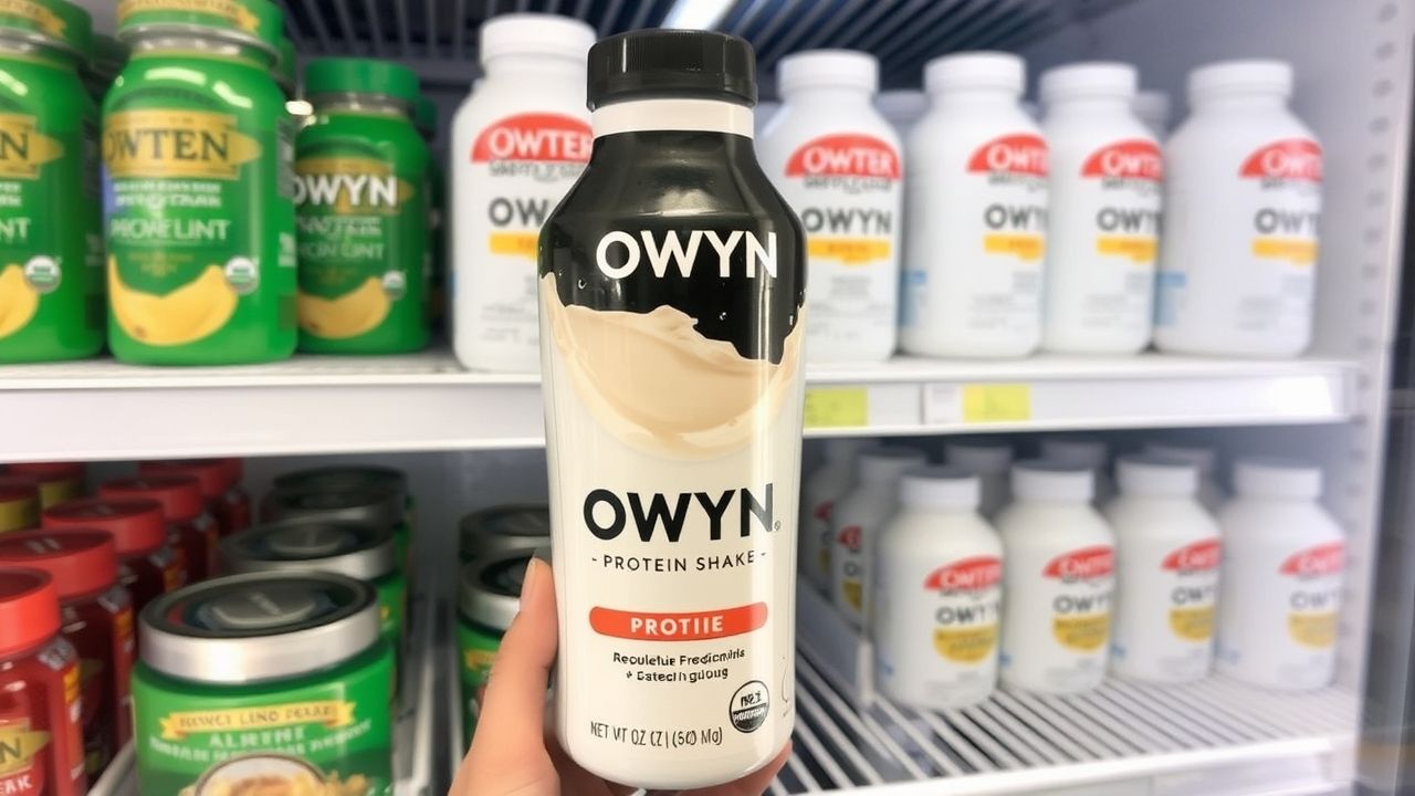 OWYN Protein Shake in a grocery store fridge aisle (Whole Foods, Target, etc.).