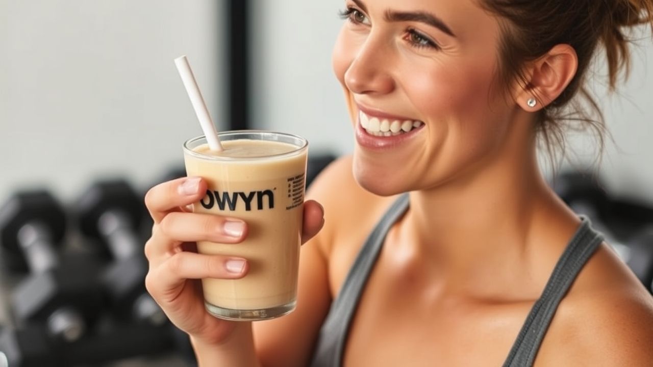A woman enjoying an OWYN shake post-workout with dumbbells in the background.