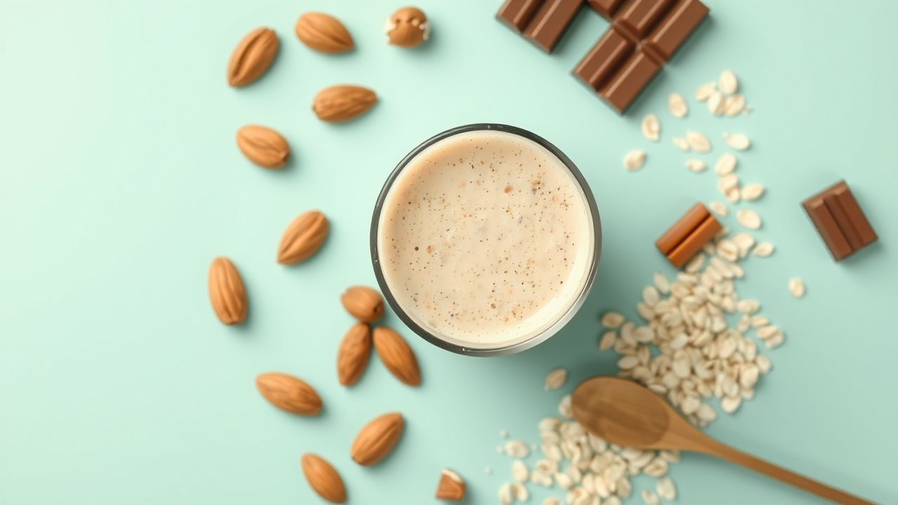 Alt Text: Flat lay image of Nurri Protein Shake with natural ingredients like almonds, chocolate, and oats