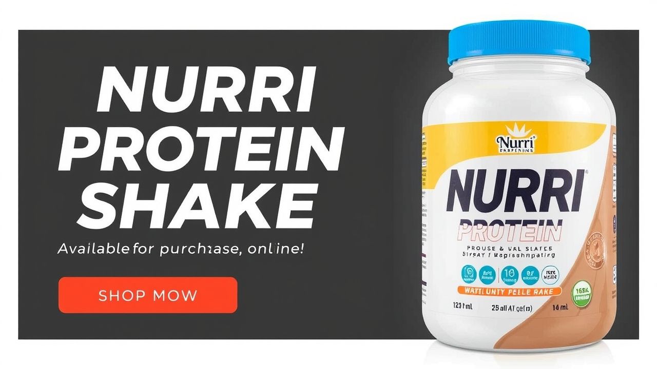 Nurri Protein Shake bottle in an online shop interface with ‘shop now’ button
