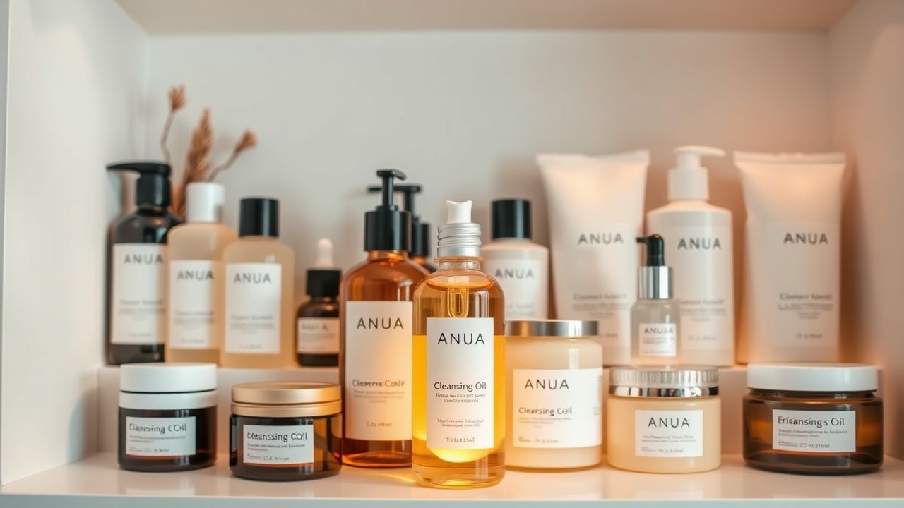 Korean skincare products including Anua Cleansing Oil on a wooden shelf