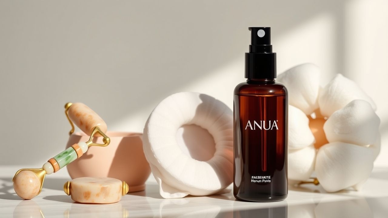 "Anua Niacinamide serum with jade roller and gua sha"