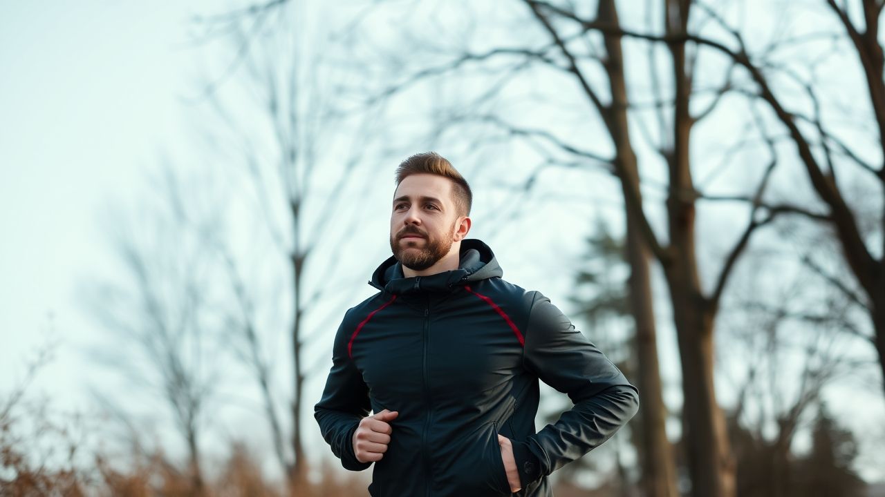A man jogging in the the spark shop men winter jacket sportswear gym fitness.