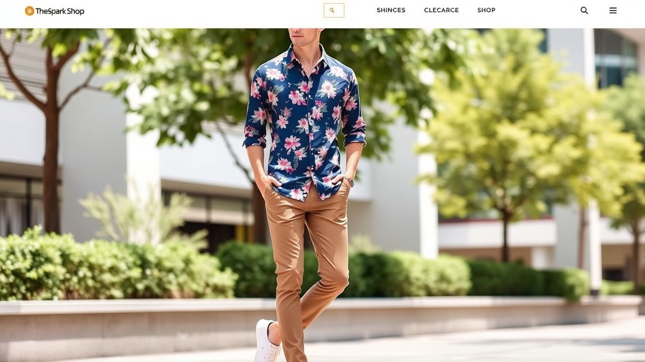 TheSpark Shop Flower Style Casual Men Shirt styled with chinos and sneakers.