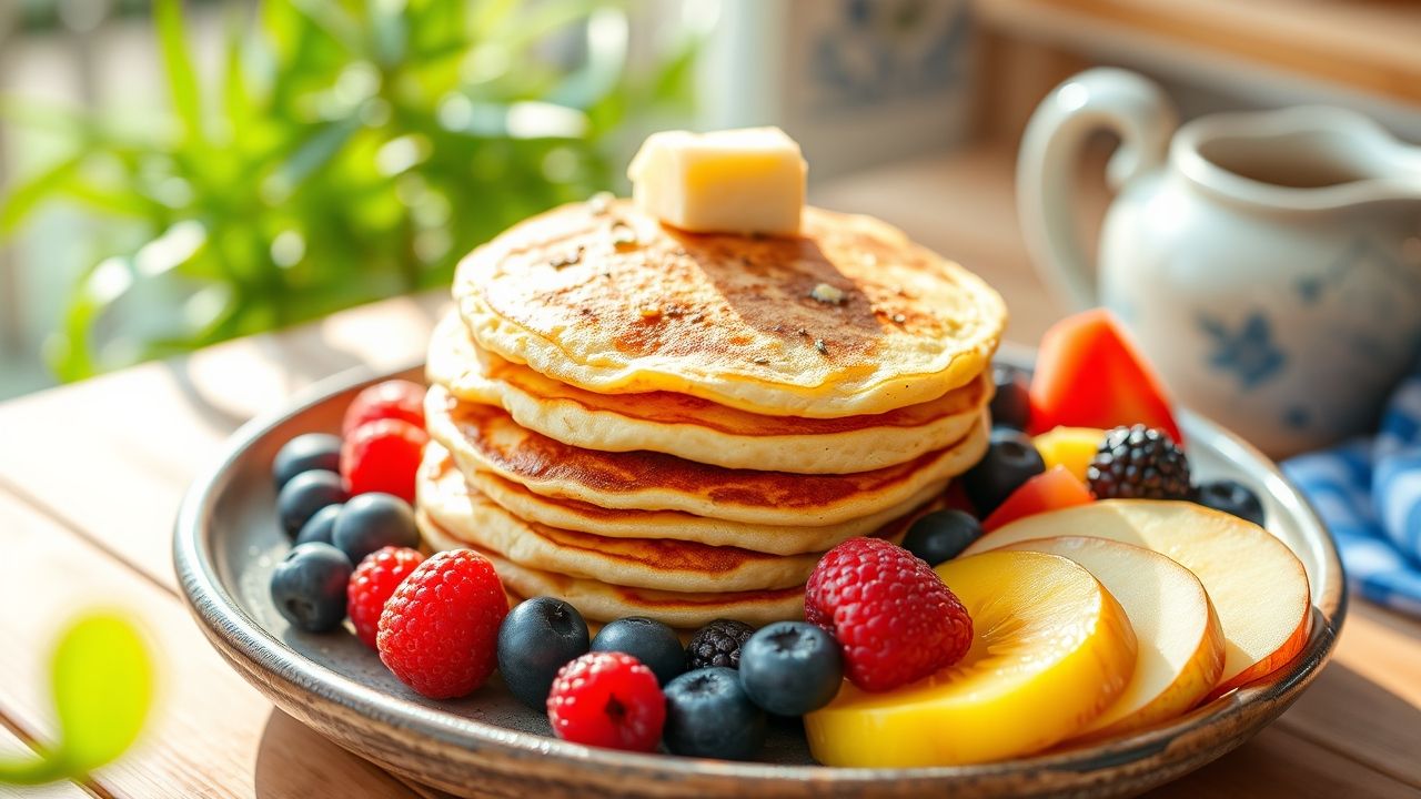 "Balanced breakfast with protein pancakes, eggs, and fresh fruit"