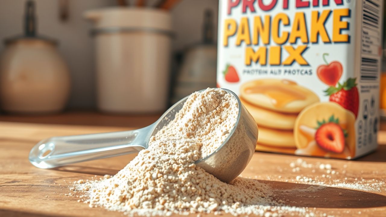 "Protein pancake mix in measuring scoop next to packaging"