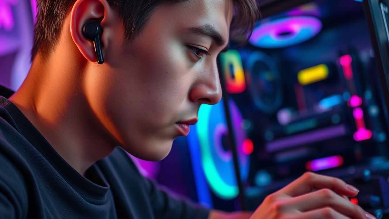 Gamer enjoying immersive audio with Thespark Shop Wireless Earbuds for Gaming.
