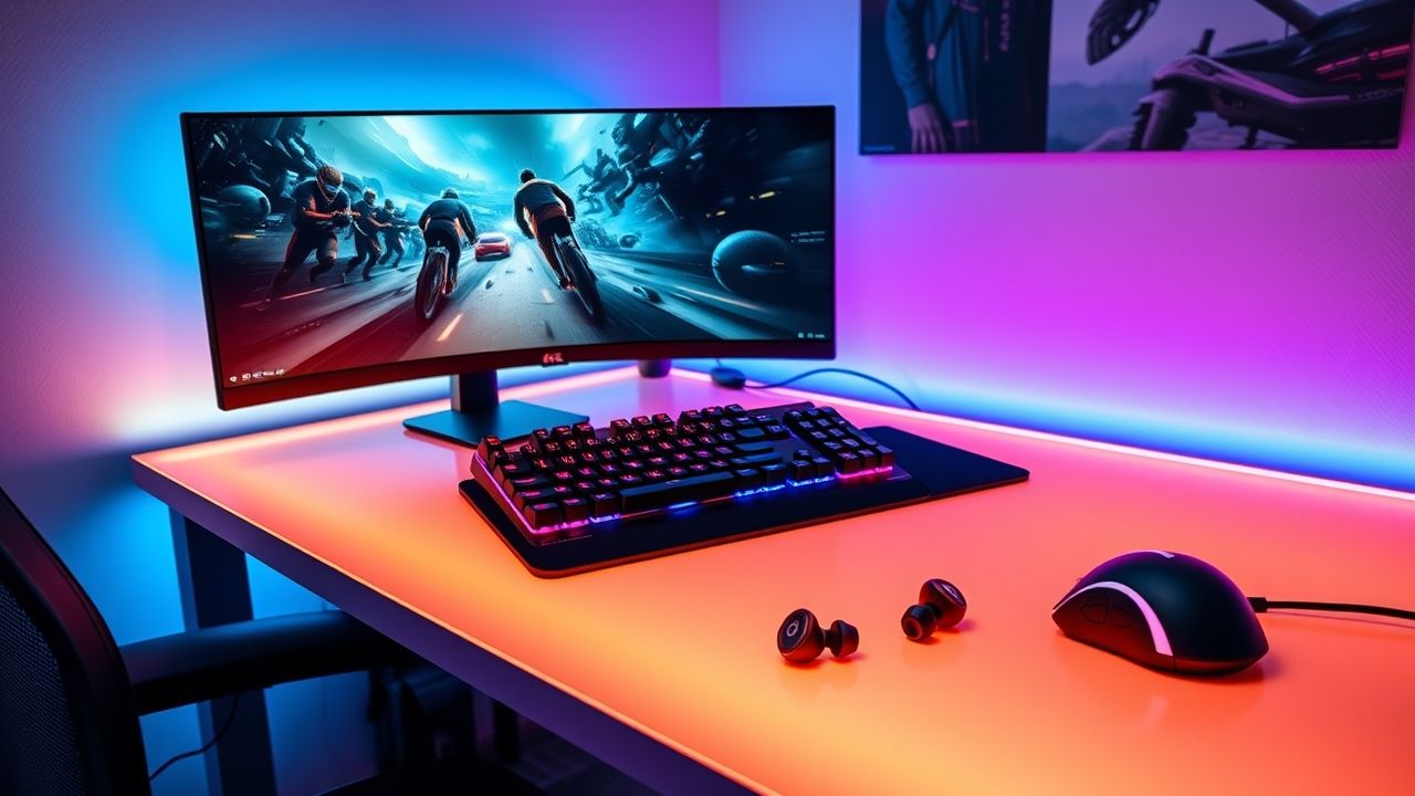 Gaming desk setup with Thespark Shop Wireless Earbuds for Gaming ready for play.