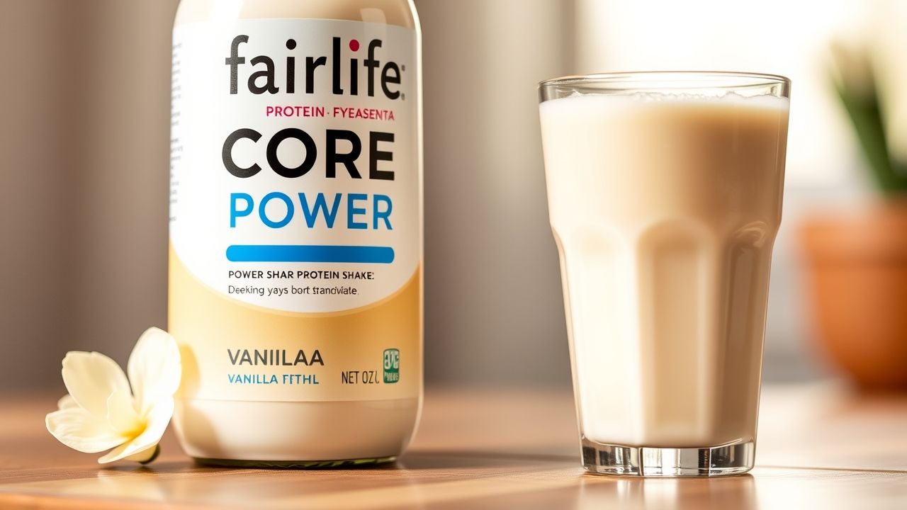  "Fairlife Core Power Protein Shake Vanilla flavor poured in a glass"