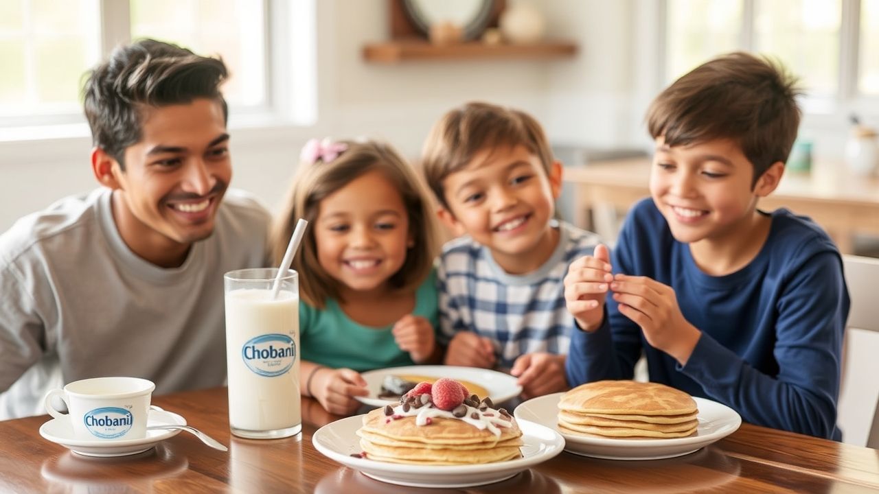 "Family breakfast featuring Chobani yogurt drink and pancakes"