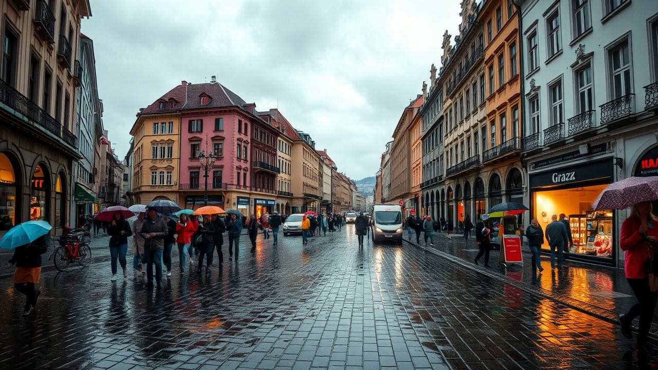 Rainfall in Graz with people walking under umbrellas.