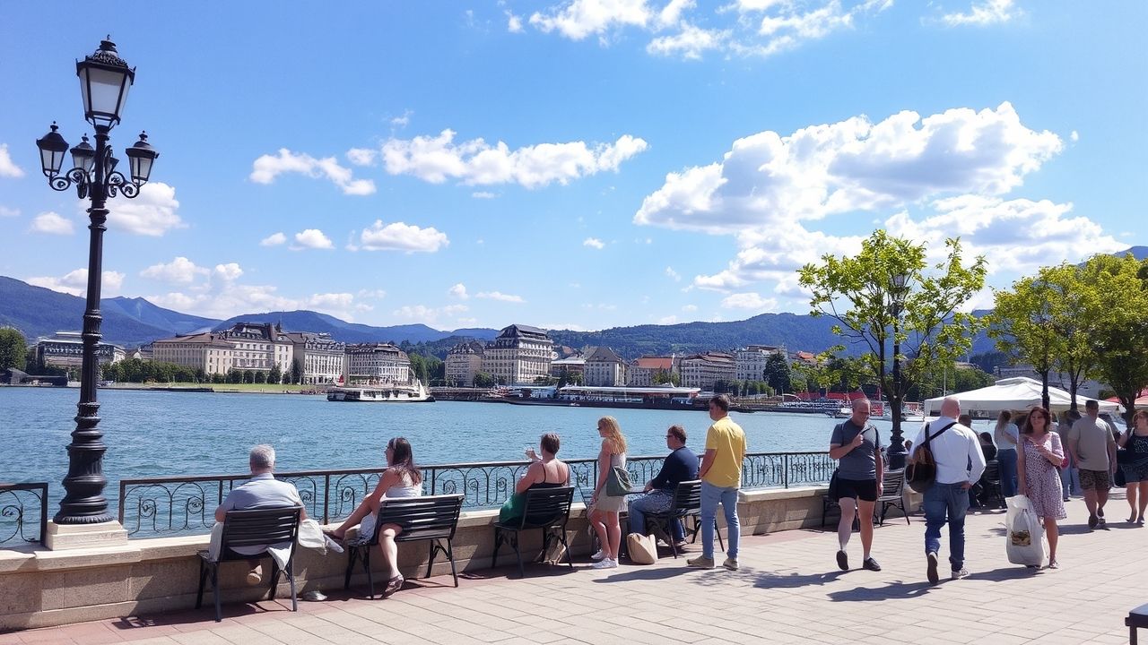 Tourists enjoying sunny weather in Klagenfurt at Wörthersee promenade