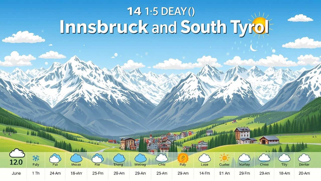 Wetter Südtirol 14 Tage Bergfex forecast chart showing temperatures and precipitation