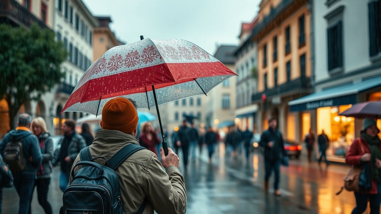 Tourist holding umbrella in Graz city center during unexpected rain