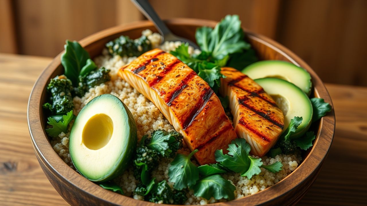Organic quinoa salad with kale, avocado, and salmon representing well health organic nutrition.