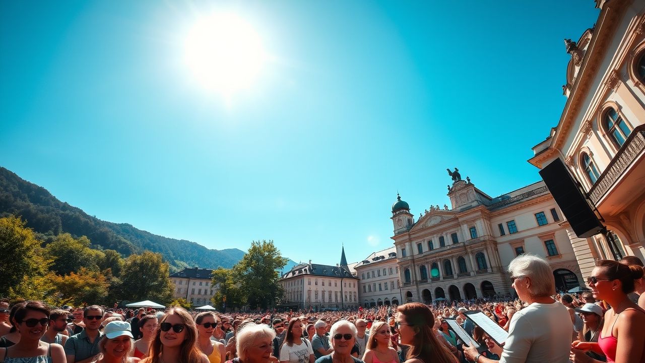 People enjoying an outdoor concert during Salzburg Festival under sunny skies”
