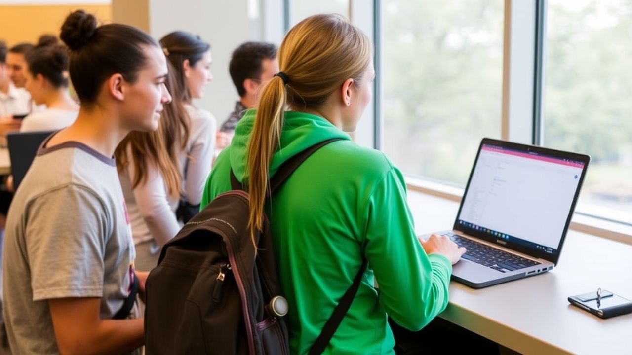 Student accessing Hokie Spa login on laptop at Virginia Tech campus.