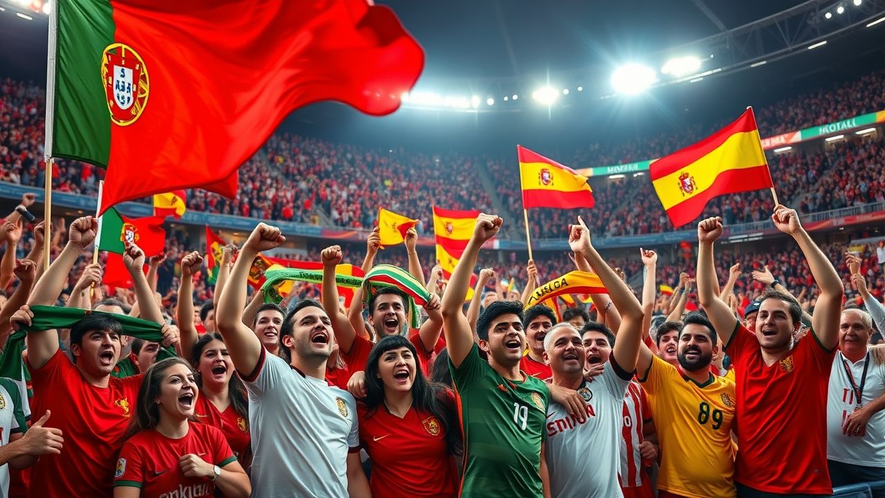 Portugal and Spain football fans cheering passionately during the Portugal vs Spain national teams clash.