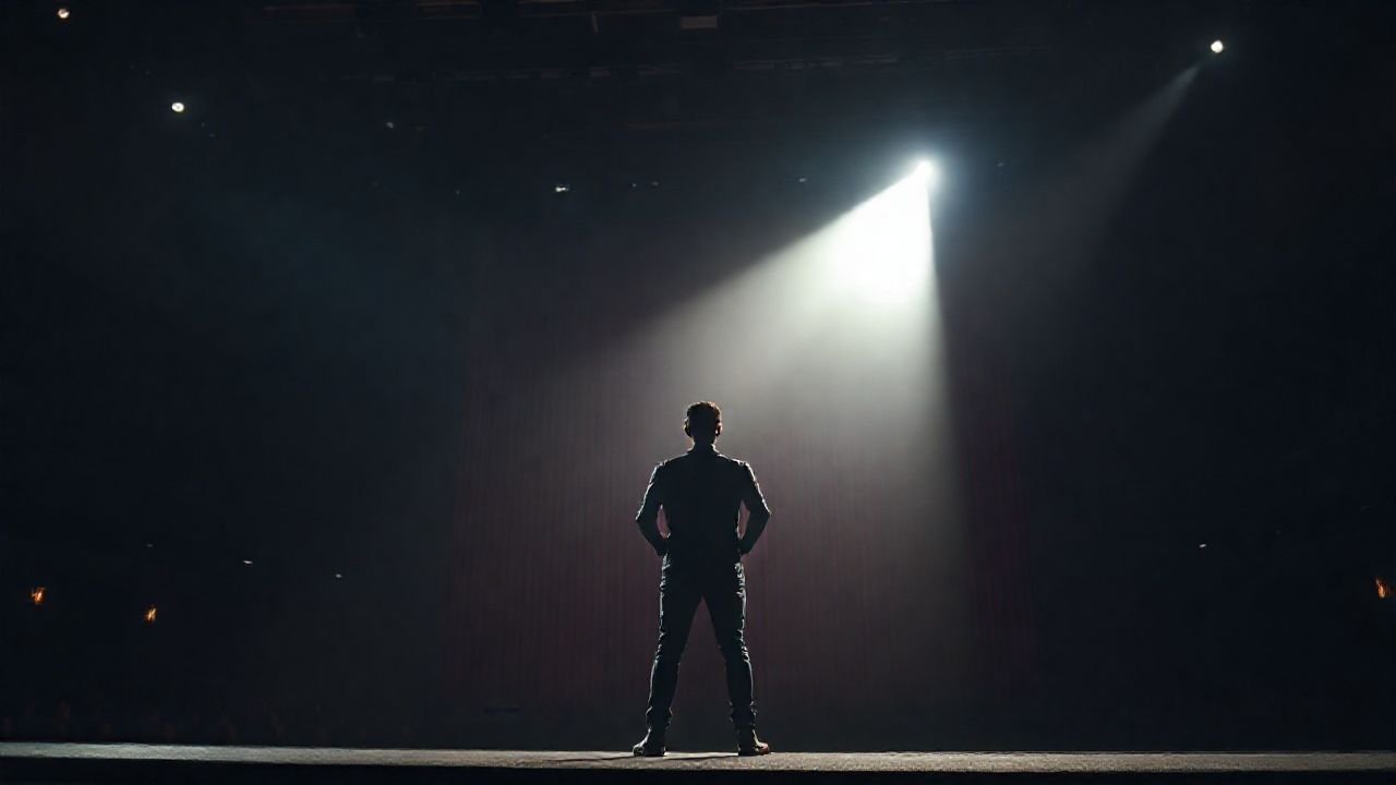 “A single person standing under a bright spotlight on stage, symbolizing claim to fame.”